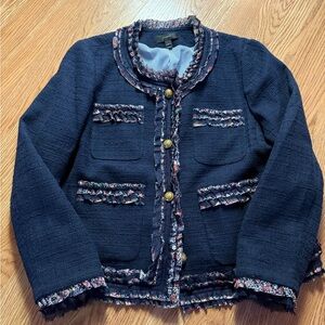 J. Crew Lady Jacket Tweed Navy Blue Liberty Trim Ruffles Sz 14